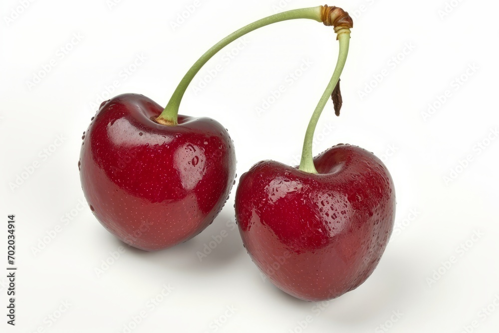 Two cherries sit next to each other on a white surface, their vibrant color captured in a high-resolution photo. Two cherries sit next to each other on a white surface, their vibrant color captured in a high-resolution photo.