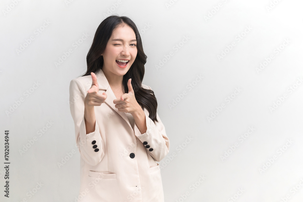 Studio portrait photo of lively active Asian woman posing cheerful gesture isolated on white background. Can use for product advertising marketing sales campaign. Studio portrait photo of lively active Asian woman posing cheerful gesture isolated on white background. Can use for product advertising marketing sales campaign.