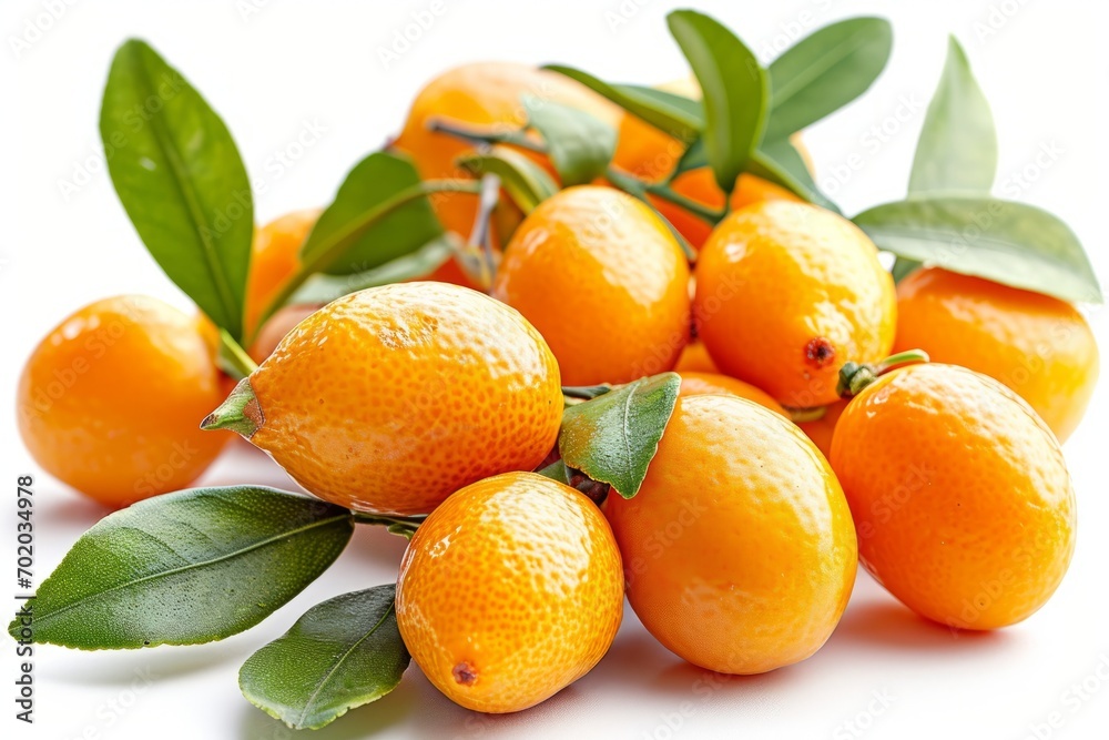 A pile of vibrant oranges with leaves is professionally photographed on a white surface. A pile of vibrant oranges with leaves is professionally photographed on a white surface.