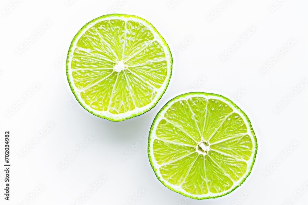 Two limes, cut in half and captured in a hyper-detailed illustration, are displayed on a white surface. Two limes, cut in half and captured in a hyper-detailed illustration, are displayed on a white surface.