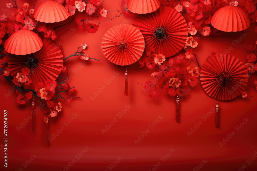 Chinese New Year background with red paper lanterns and cherry blossom, chinese lanterns with fan background on a red background, AI Generated