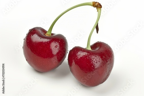 Two cherries sit next to each other on a white surface, their vibrant color captured in a high-resolution photo.