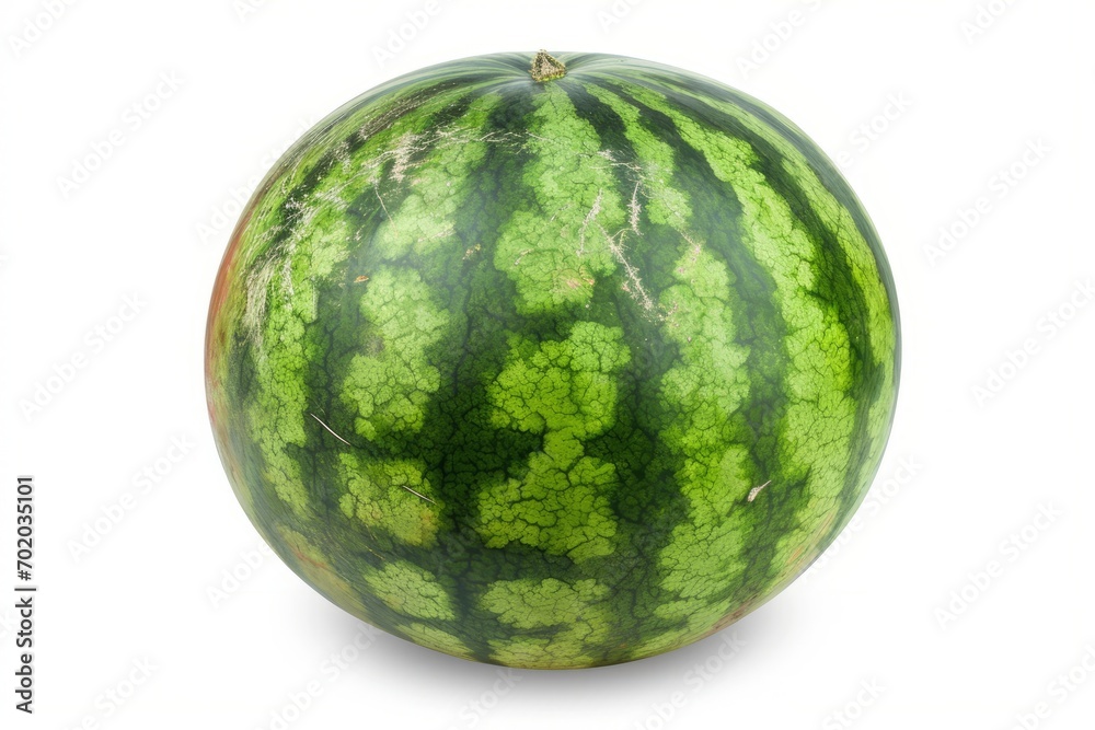 A spherical watermelon, captured in a highly detailed photo, is presented on a white surface. A spherical watermelon, captured in a highly detailed photo, is presented on a white surface.