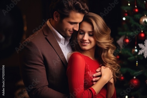 beautiful young couple in love hugging at home near christmas tree, Christmas, portrait and happy couple in home, hug and bonding together, AI Generated