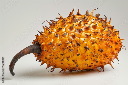 An exotic fruit, with orange fluffy spines, is displayed in a highly detailed product photo on a white surface.
