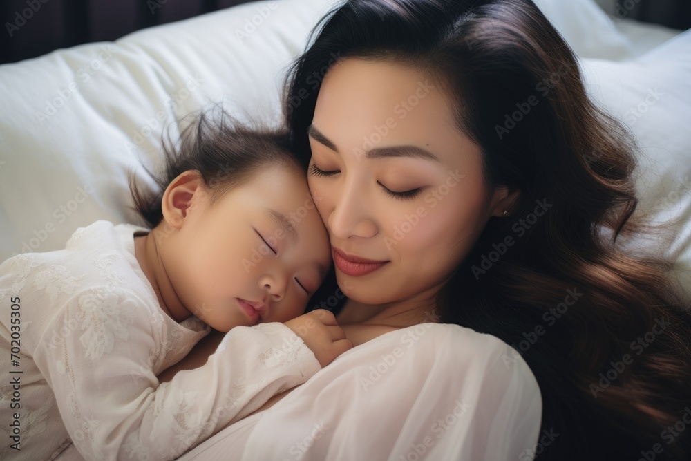Asian mother and baby sleeping on the bed in the bedroom at home, Close up portrait of beautiful young asian caucasian mother day girl kissing her healthy newborn baby sleep in bed, AI Generated Asian mother and baby sleeping on the bed in the bedroom at home, Close up portrait of beautiful young asian caucasian mother day girl kissing her healthy newborn baby sleep in bed, AI Generated