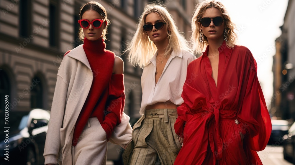 Obraz premium Three models wear street style clothes after a fashion show during Milan Fashion Week.