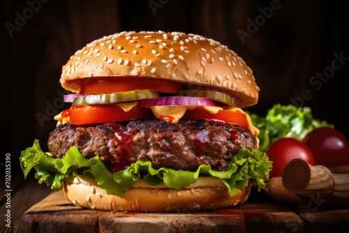 Cheese burger - American cheese burger with fresh vegetables on wooden background, Close-up home made beef burger on wooden table, AI Generated