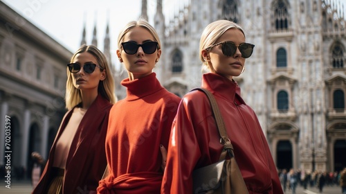Three models wear street style clothes after a fashion show during Milan Fashion Week.