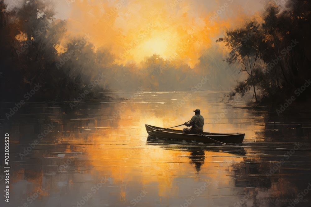 Fisherman in the boat on the river at sunset time, Casting aentlelow on the waters surface AI Generated
