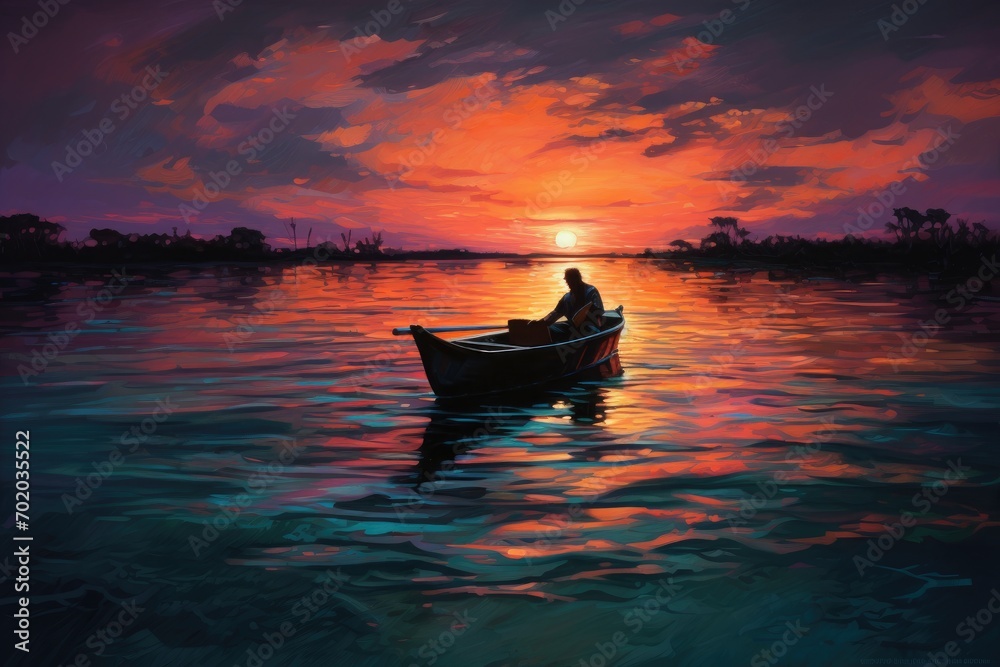 Fisherman in a boat on the river at sunset. Digital painting, Casting aentlelow on the waters surface AI Generated