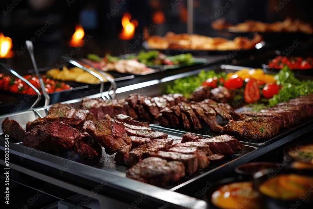 Traditional barbecue with meat and vegetables in a restaurant. Selective focus, Catering buffet food indoor in restaurant with grilled meat, AI Generated