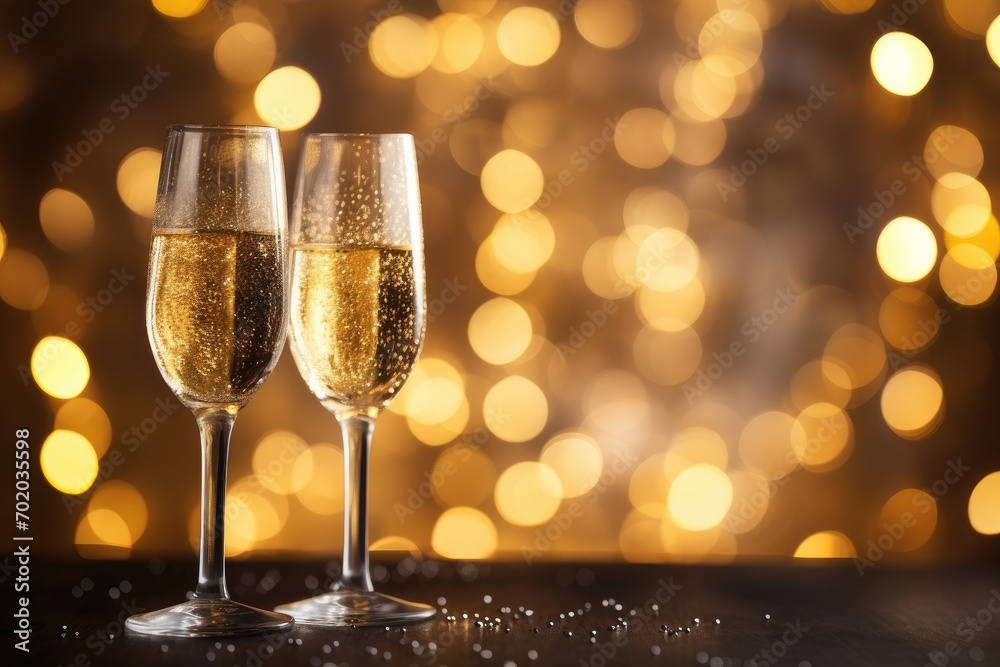 Glasses of champagne with golden sparkles on bokeh background, Champagne for festive cheers with gold sparkling bokeh background, AI Generated Glasses of champagne with golden sparkles on bokeh background, Champagne for festive cheers with gold sparkling bokeh background, AI Generated
