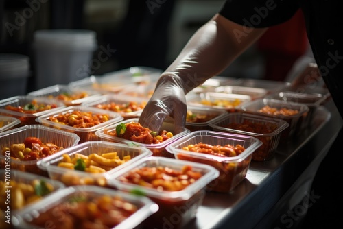 Catering, serving and people concept - close up of chef's hand in white glove taking food in plastic boxes, catering service handling containers of pasta food, AI Generated photo