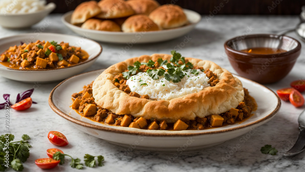 Chole Bhature on a pristine white plate, ensuring the vibrant colors of the dish take center stage. Ideal for food bloggers, restaurants, and culinary enthusiast Chole Bhature on a pristine white plate, ensuring the vibrant colors of the dish take center stage. Ideal for food bloggers, restaurants, and culinary enthusiast
