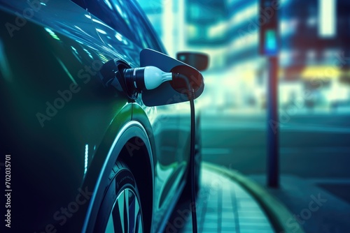 Electric car charging in the city at night. 3d rendering, Close up details of future technology, electric car charging from charging station, AI Generated photo