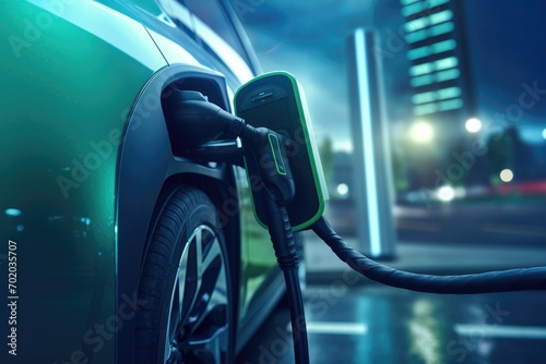 EV charging station for electric car in concept of green energy produced from sustainable source to supply to charger station in order to reduce CO2 emission, Close up details of, AI Generated
