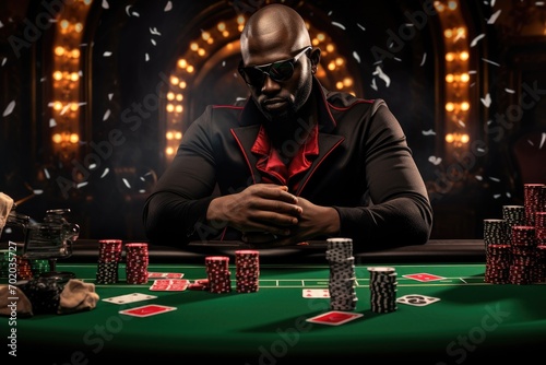 Poker player in casino. Black man playing poker at black table, close up of poker player with playing cards and chips at green casino table, AI Generated photo