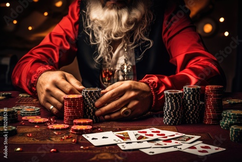 Close-up of Santa Claus playing poker at the table. Christmas background, close up of poker player with playing cards and chips at green casino table, AI Generated
