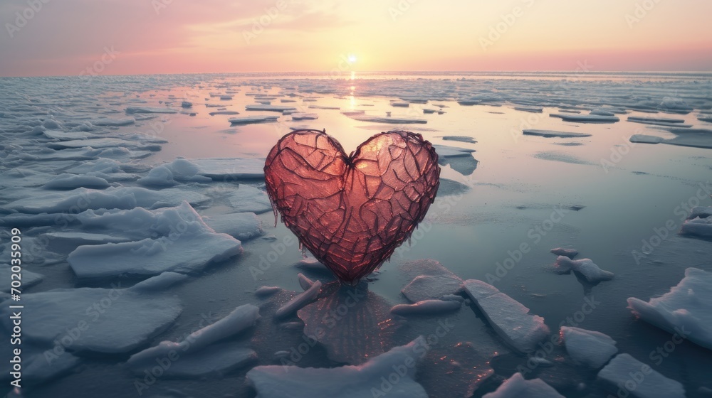 Fototapeta premium A beautiful romantic heart made of ice in winter. The concept of love and Valentine's Day. Abstract background. A symbol of love and loyalty.