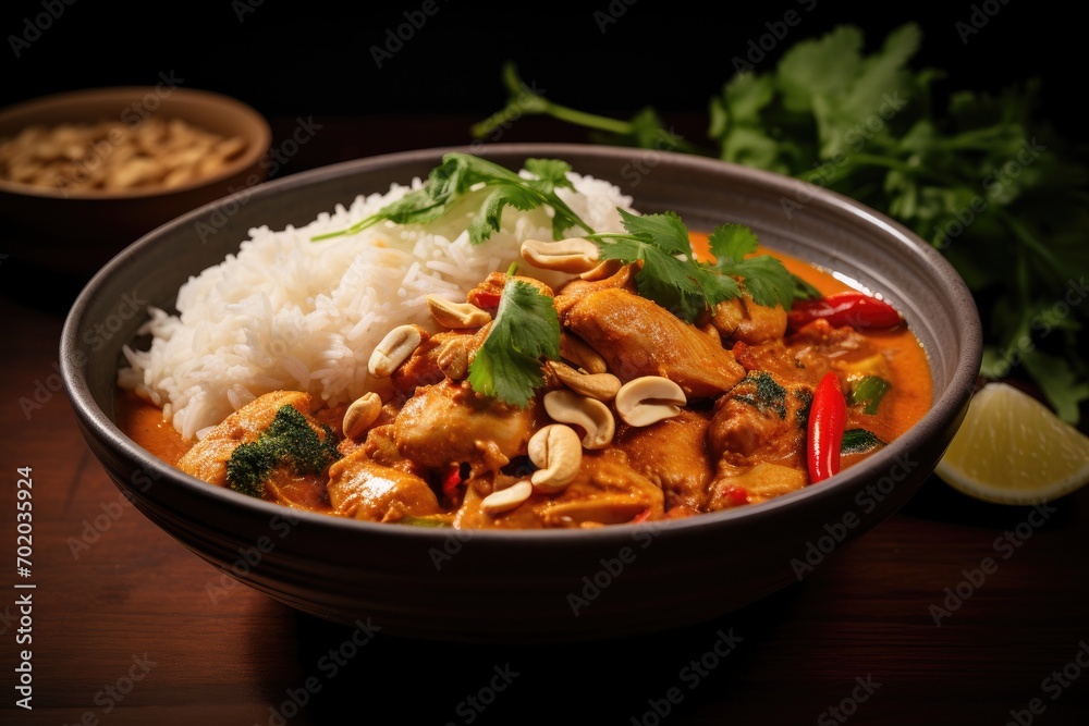 Chicken curry with rice and cashew nuts on a dark background, Chicken and cashew red curry with rice and herbs, AI Generated