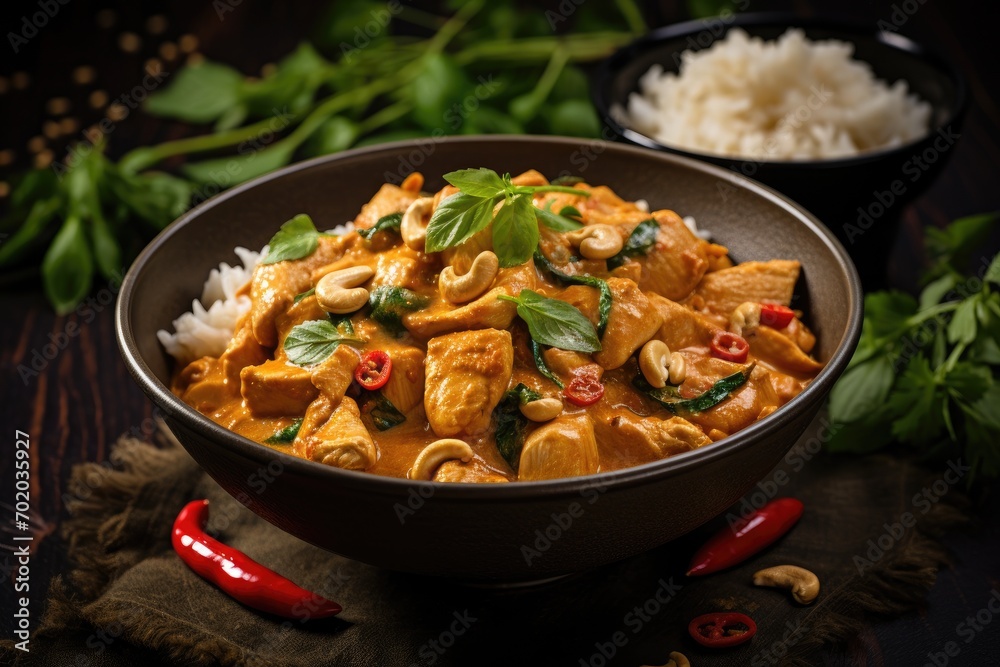 Chicken tikka masala in a bowl with rice and chilli, Chicken and cashew red curry with rice and herbs, AI Generated Chicken tikka masala in a bowl with rice and chilli, Chicken and cashew red curry with rice and herbs, AI Generated