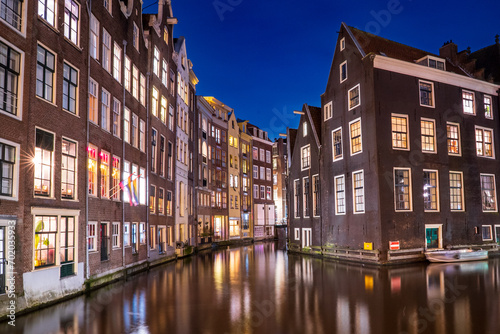 city canal houses at night