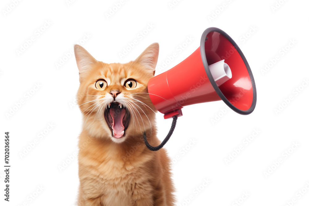 Fototapeta premium Side view of funny cat shouting into advertising megaphone with wide space for text.Isolated on transparent background. PNG file.