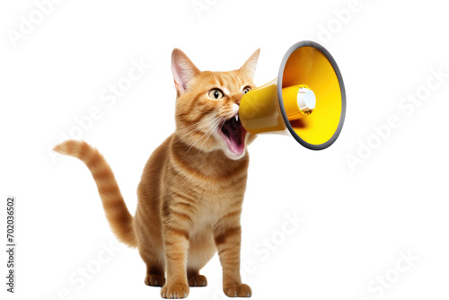 Side view of funny cat yelling into advertising megaphone with wide space for text. Isolated on a clear background, PNG file.