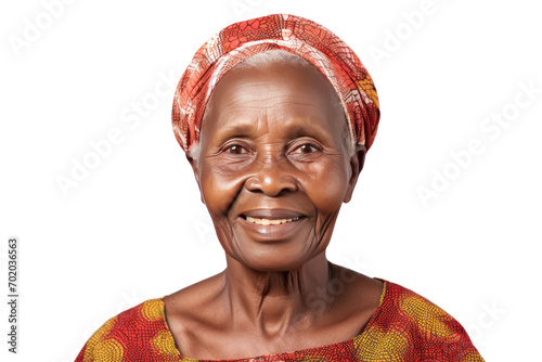 Senior African woman smiling face isolated on clear background, PNG file. photo