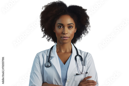 Healthcare and medical concept Closeup of attractive female doctor standing confidently with arms crossed. Isolated on clear background, PNG file.