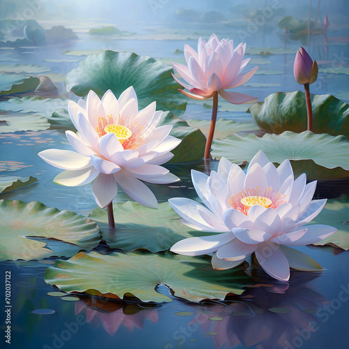 Lotus Flowers Emerging from A Pond  Close Up