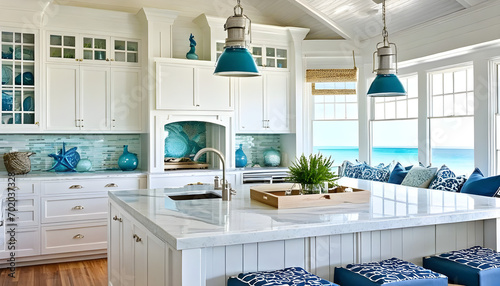 blue and white kitchen with coastal decor