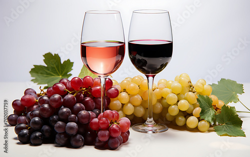 Grape juice in a wine glass and various fruits dark pink, gray and red grapes at the bottom