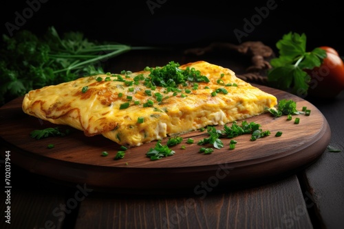 Egg omelet on wooden plate with parsley.