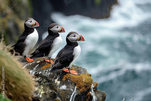 Puffin Family on the rock, Iceland.