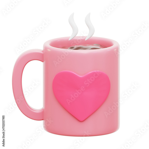 Hot Chocolate With Love Heart Pink Mug 3D Rendering Icon Isolated Transparent Background
