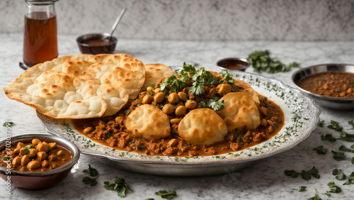 Chole Bhature on a clean white background, highlighting the intricate details and flavors of this beloved North Indian cuisine photo