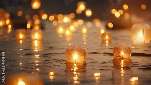 Closeup of the lanterns slowly drifting away, their soft light fading into the distance as they float down the river. photo