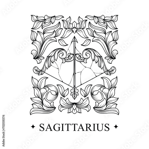 Zodiac sagittarius horoscope sign line art silhouette design vector illustration. Creative decorative elegant linear astrology zodiac sagittarius emblem template for logo or poster decoration engravin