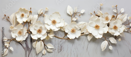3d wallpaper gold and white flowers on white marbled texture background, in the style of organic sculptures © tydeline