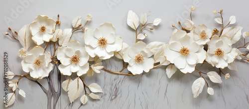 3d wallpaper gold and white flowers on white marbled texture background, in the style of organic sculptures