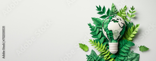 Eco friendly lightbulb with green leaves on white background. Renewable and sustainable energy concept