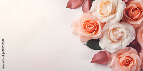 bouquet of roses top veiw on white background, copy space text free. generative ai