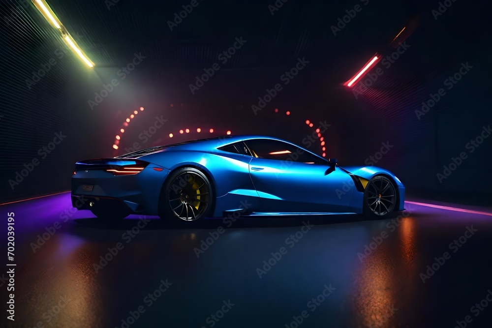Sports car racing through a colorful, dark tunnel while traveling at a high speed on a road with lights reflecting everywhere