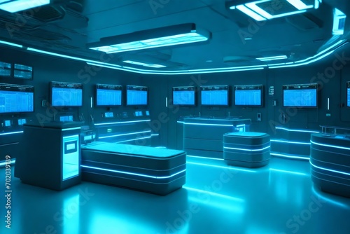 Modern operating room or emergency room (ER) with hospital facilities, surgical diagnosis capabilities, and biometric information graphs