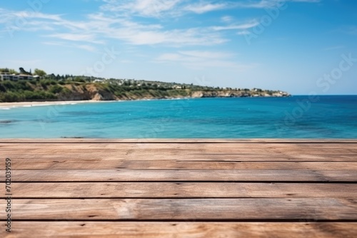 Empty wide Table top wooden bar with blurred beautiful beach scene background coconut leaf on frame for product display mockup outside summer day time. Resort clean wood desk board on nature view.