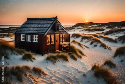 Refuge hut on the beach of the island, sunset photo