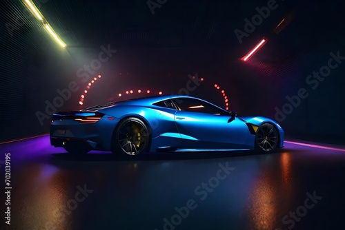 Sports car racing through a colorful, dark tunnel while traveling at a high speed on a road with lights reflecting everywhere
