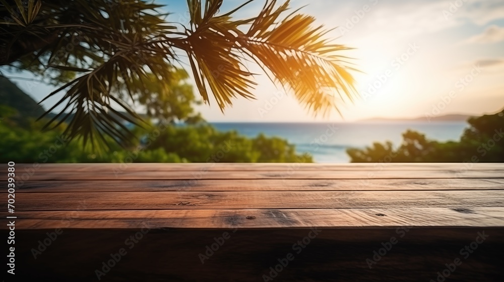 Empty wide Table top wooden bar with blurred beautiful beach scene background coconut leaf on frame for product display mockup outside summer day time. Resort clean wood desk board on nature view.